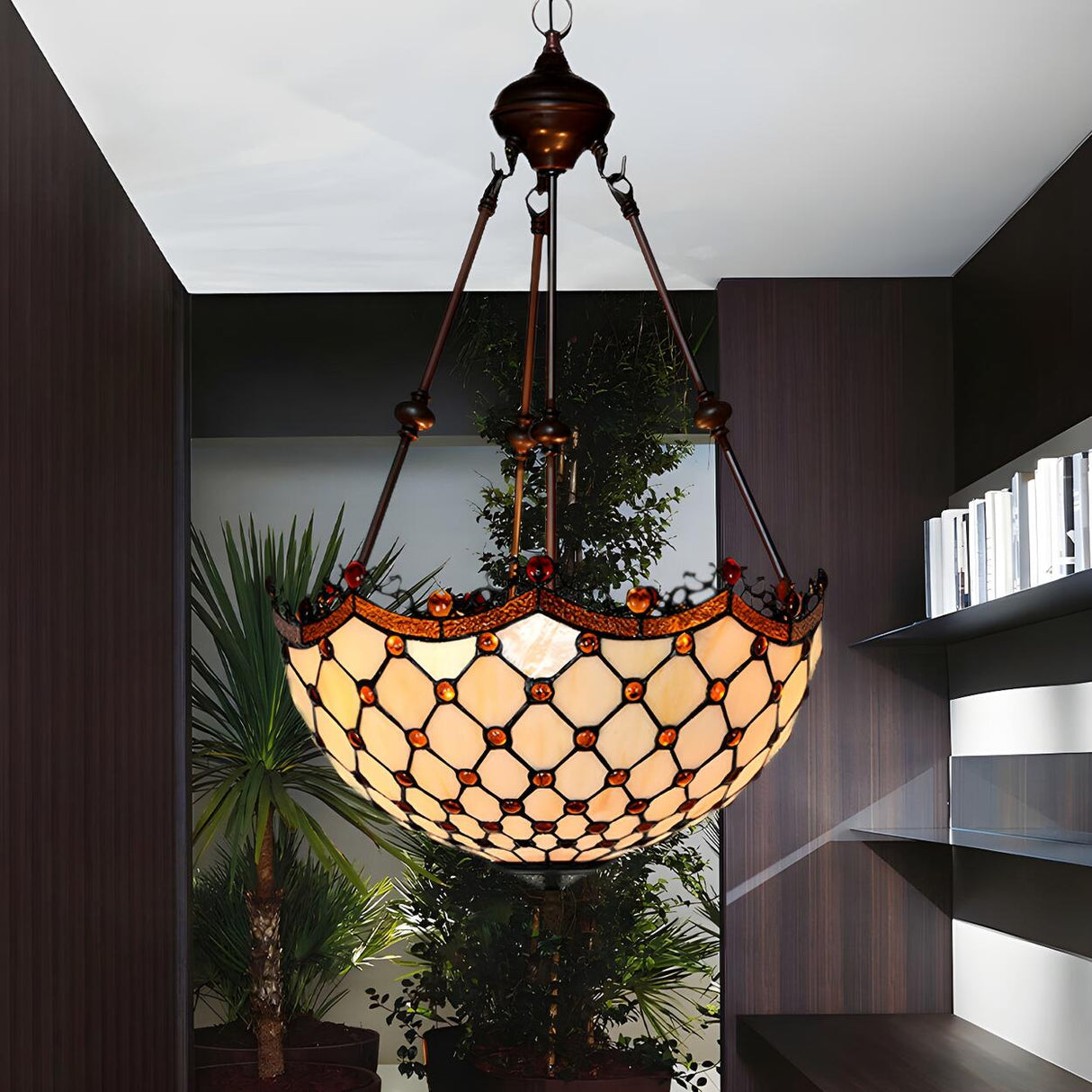 Baroque Vintage Bronze Amber Stained Glass Dome Chandelier Image - 1