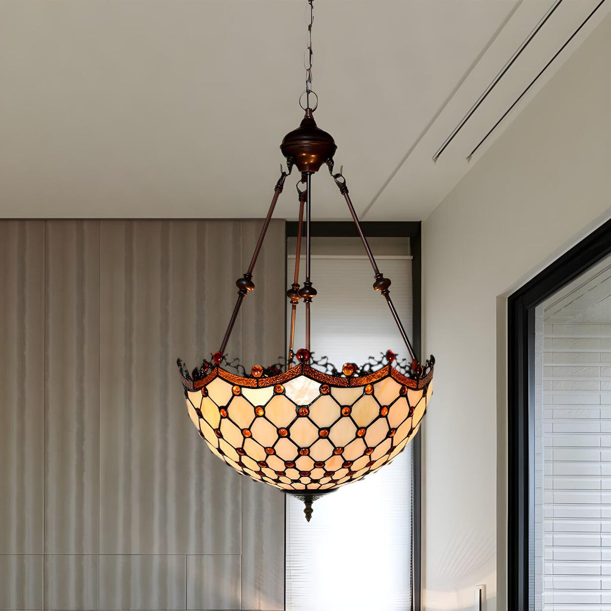 Baroque Vintage Bronze Amber Stained Glass Dome Chandelier Image - 3