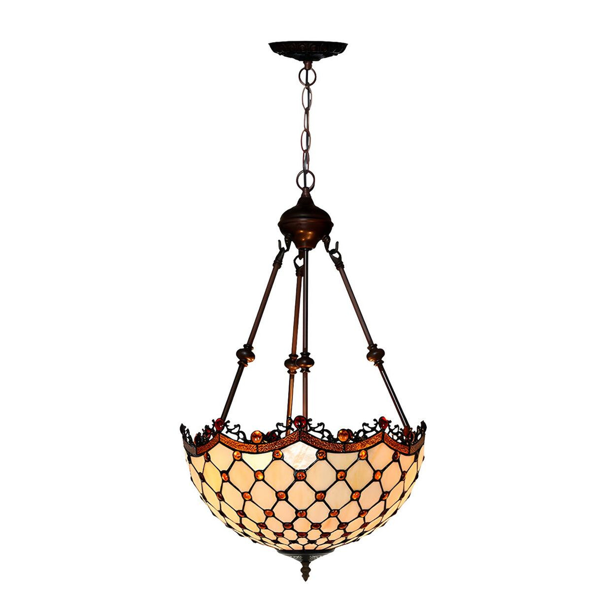 Baroque Vintage Bronze Amber Stained Glass Dome Chandelier Image - 8