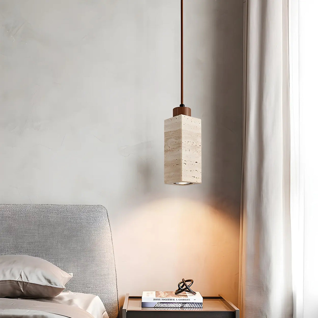 Bedroom Adjustable Brown Stone Geometric Pendant Light Image - 13