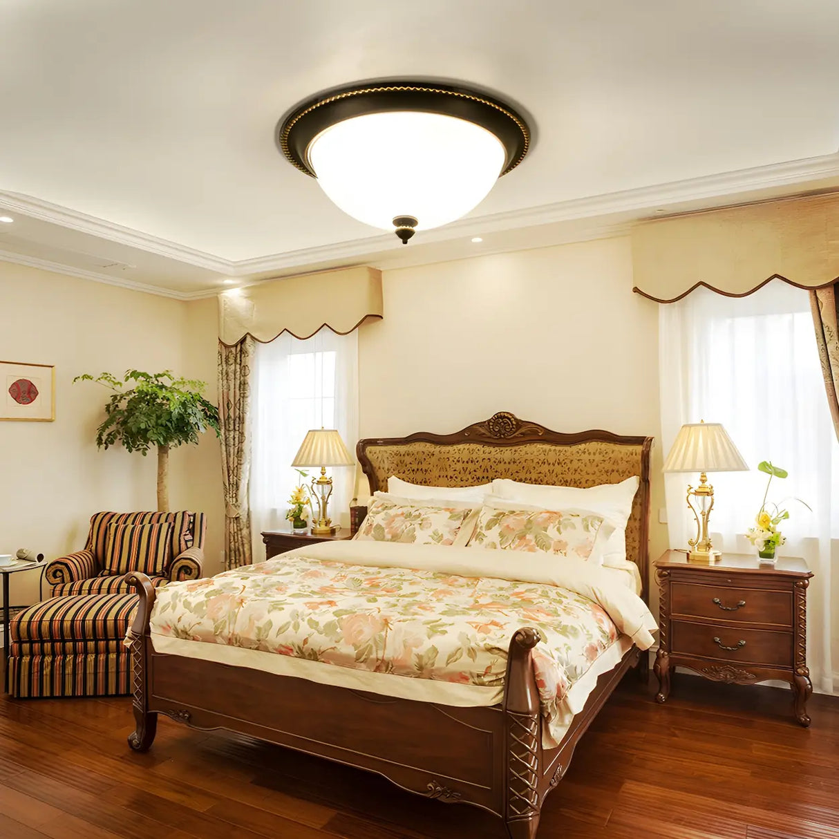 Bedroom Black Bowl-Shaped Glass Flush Mount Light Image - 2