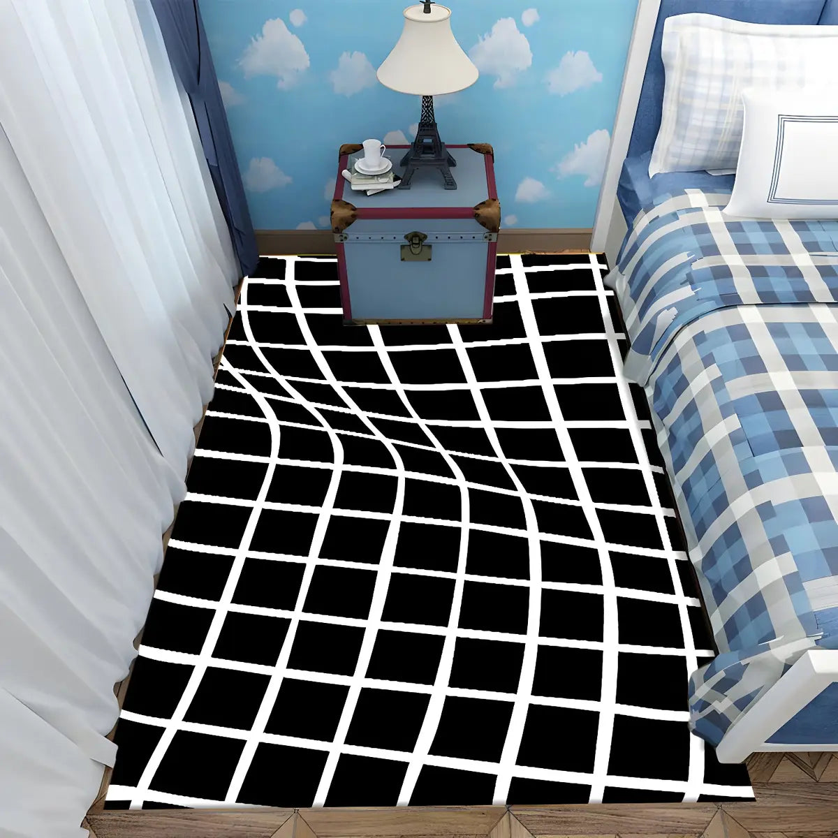 Bedroom Checkered Pattern Polyester Black Area Rug Image - 1