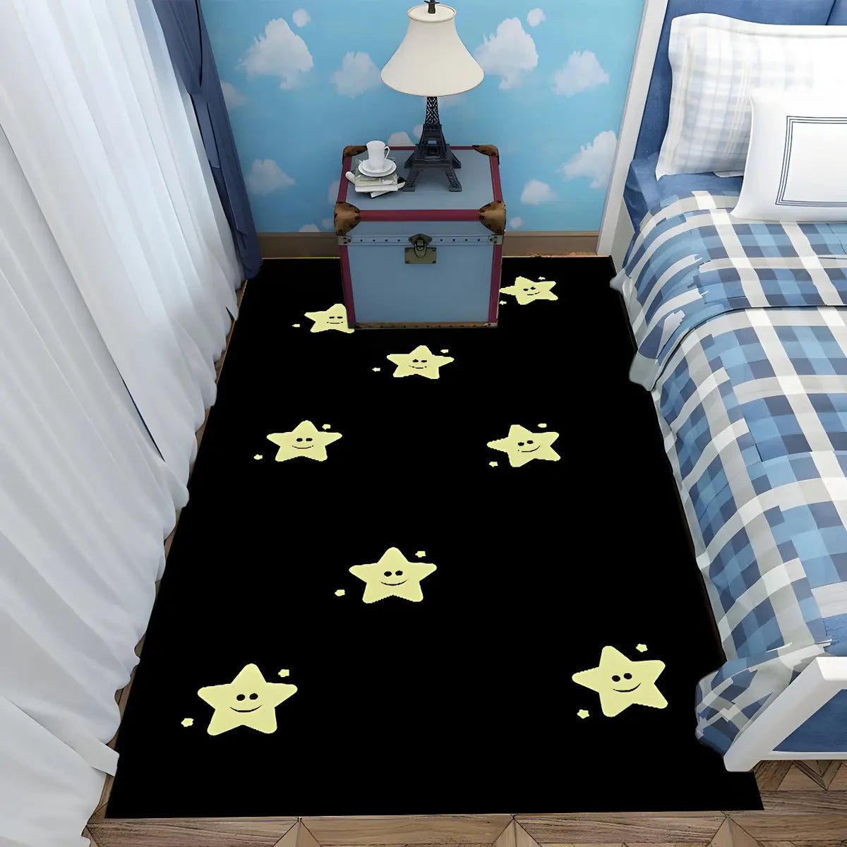 Bedroom Checkered Pattern Polyester Black Area Rug Image - 10