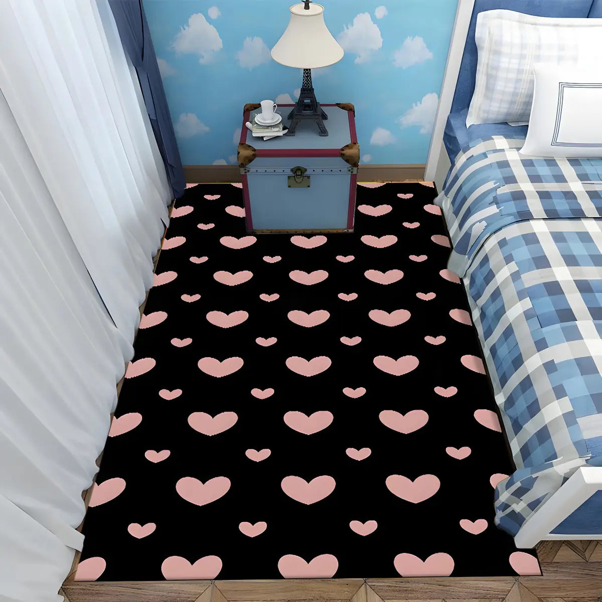 Bedroom Checkered Pattern Polyester Black Area Rug Image - 11