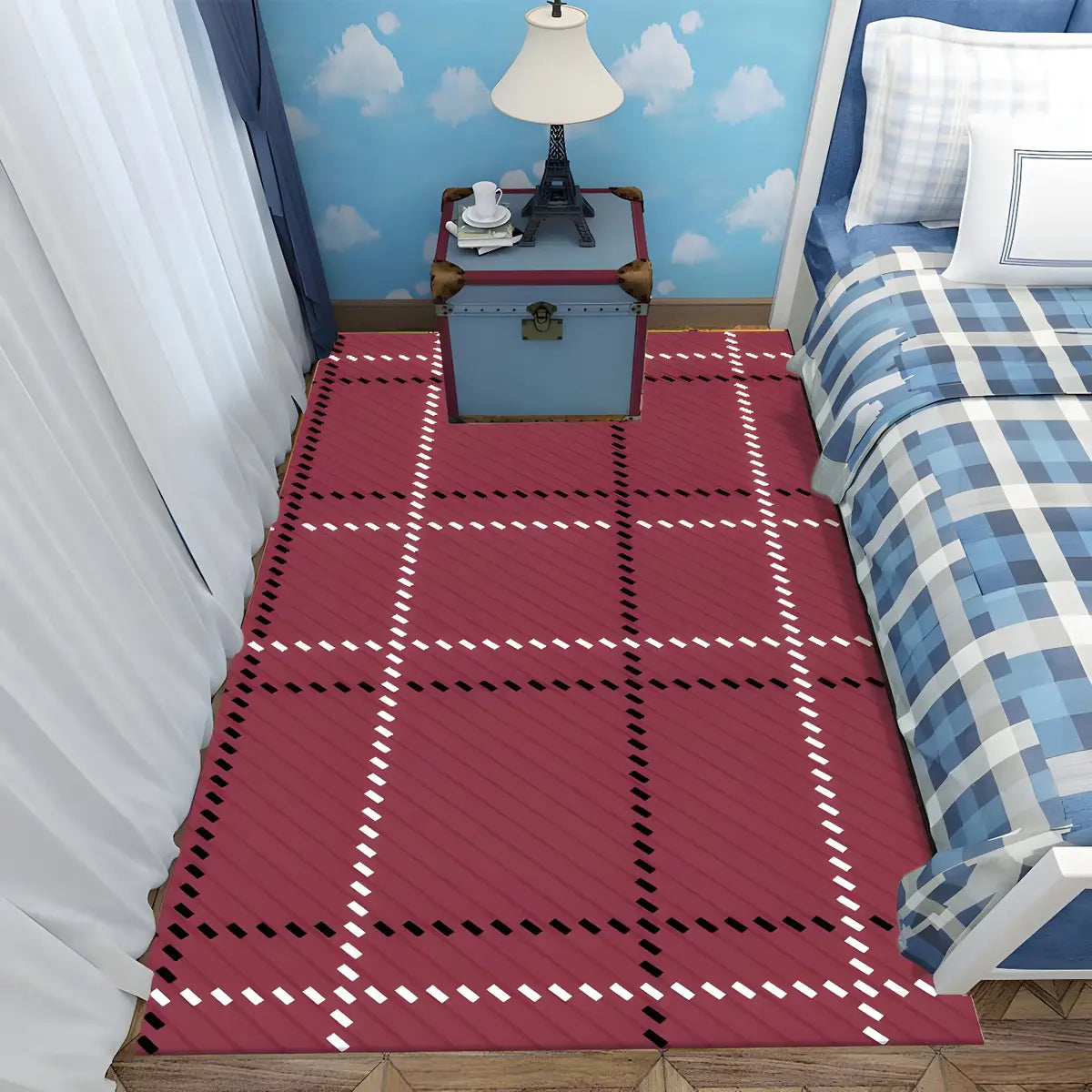 Bedroom Checkered Pattern Polyester Black Area Rug Image - 12
