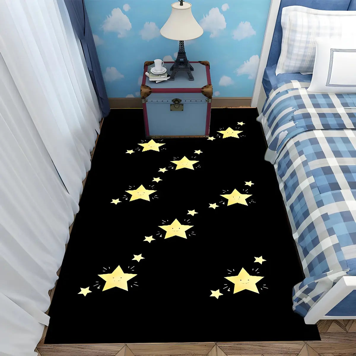 Bedroom Checkered Pattern Polyester Black Area Rug Image - 2