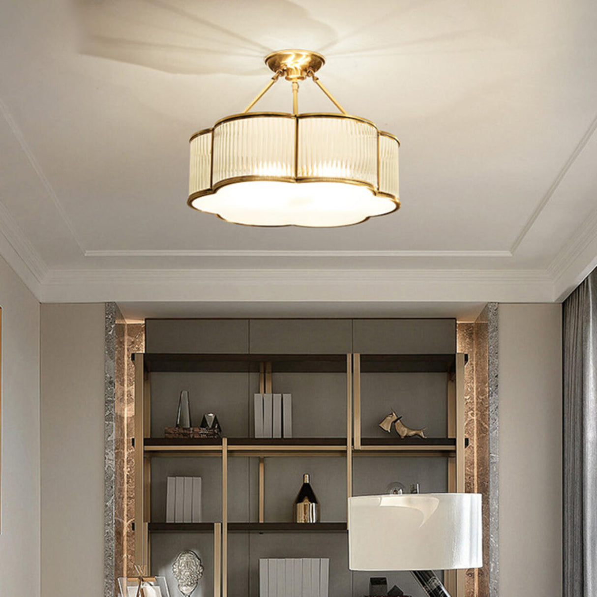 Bedroom Colonial Gold Flower Drum Flush Mount Light Image - 6