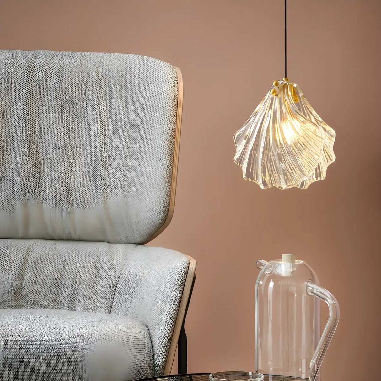 Bedroom Elegant Brass Clear Glass Shell Pendant Light Image - 3