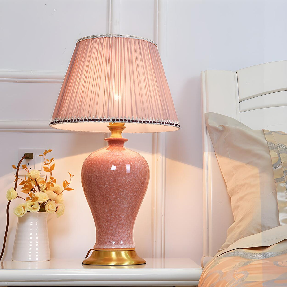 Bedroom Elegant Ceramic Fabric Barrel Shade Table Lamp Image - 3