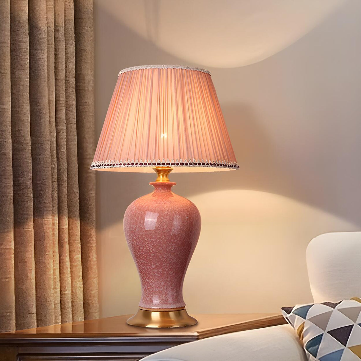 Bedroom Elegant Ceramic Fabric Barrel Shade Table Lamp Image - 4