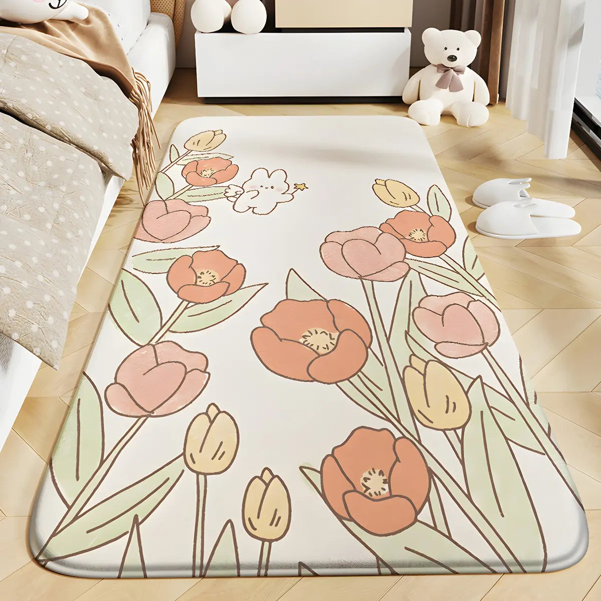 Bedroom Floral Wide Lamb Velvet Beige Non-slip Area Rug Image - 1