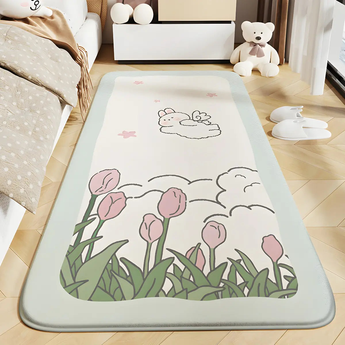 Bedroom Floral Wide Lamb Velvet Beige Non-slip Area Rug Image - 2