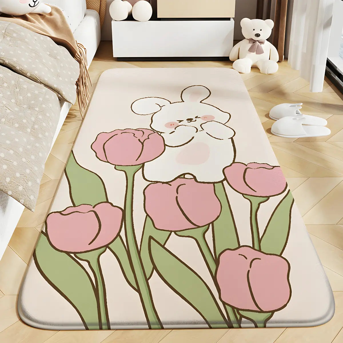 Bedroom Floral Wide Lamb Velvet Beige Non-slip Area Rug Image - 3