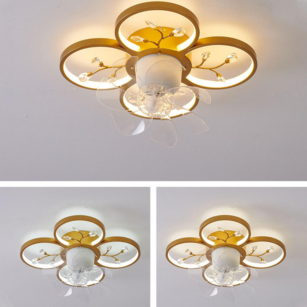 Bedroom Golden Flower Branches Decor Ceiling Fan Light Image - 8