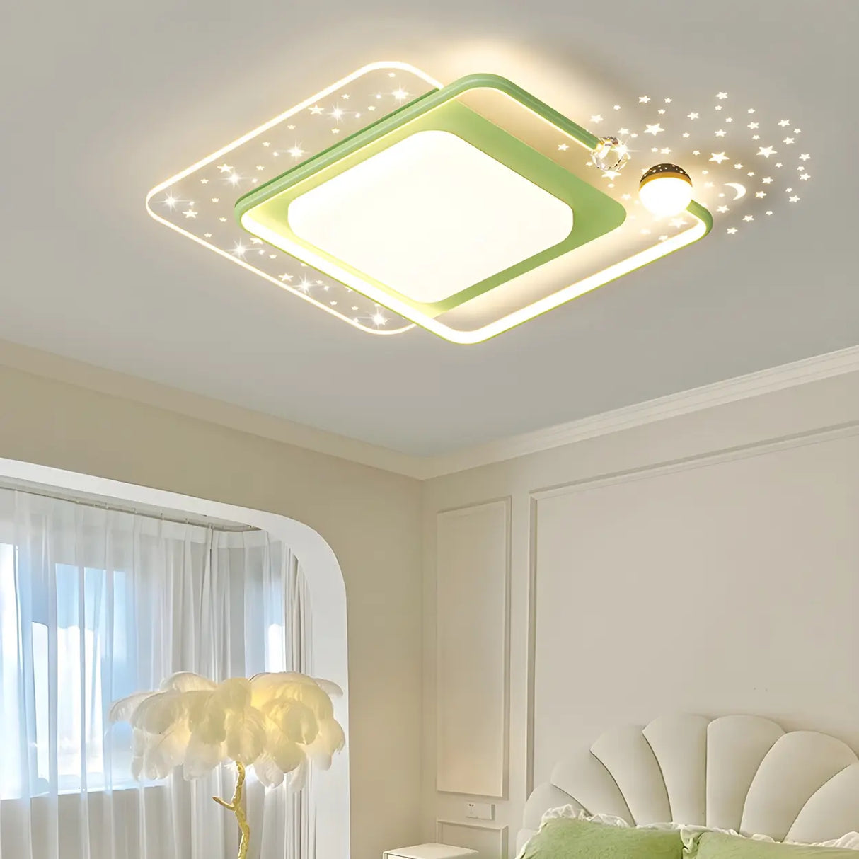 Bedroom Green Rectangular Flush Mount Ceiling Light Image - 3