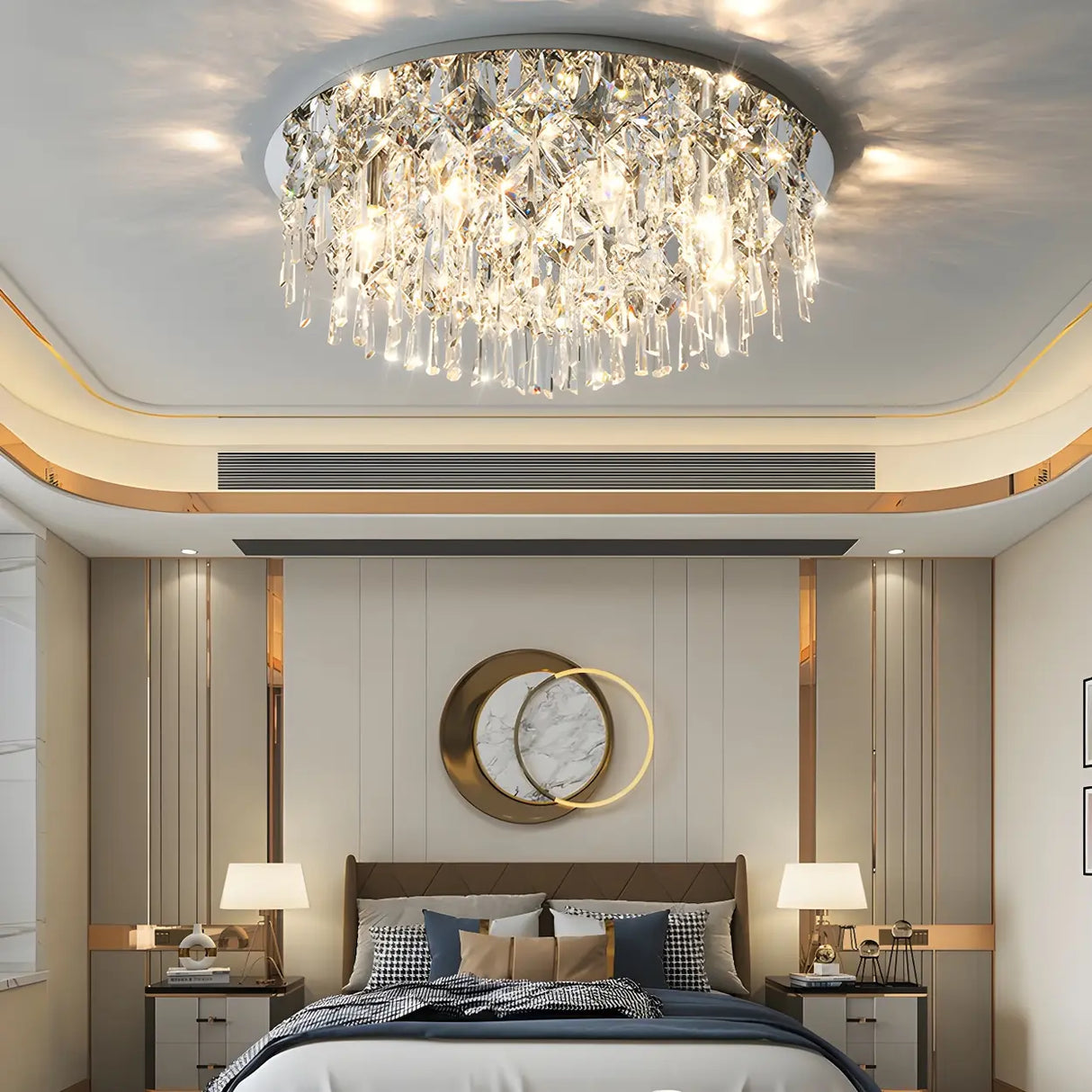 Bedroom Luxury Silver Crystal Flush Mount Ceiling Light Image - 12