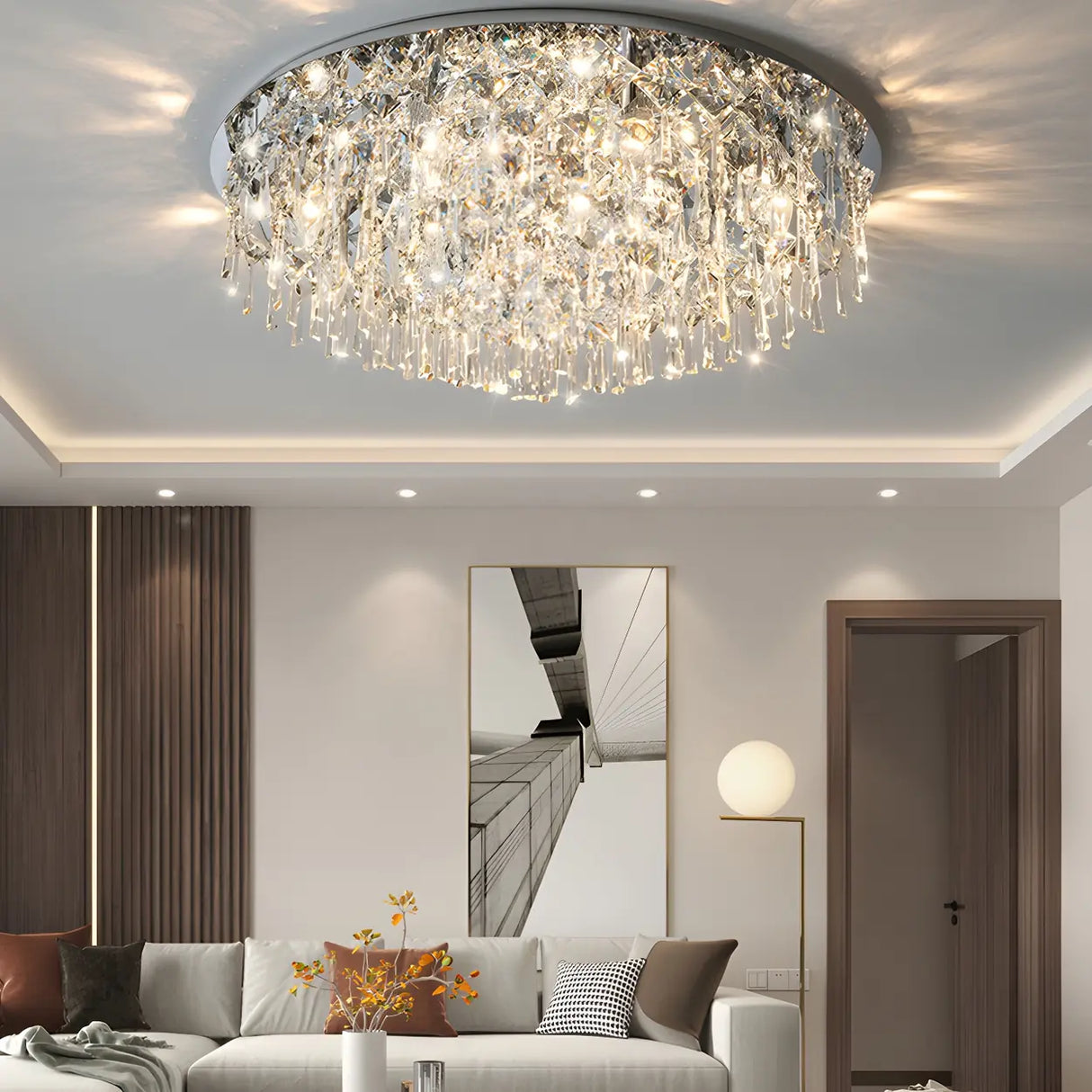 Bedroom Luxury Silver Crystal Flush Mount Ceiling Light Image - 4