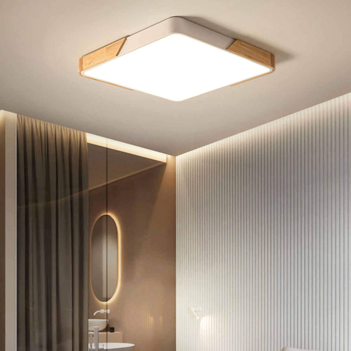 Bedroom Modern Square Wooden Flush Mount Ceiling Light Image - 7