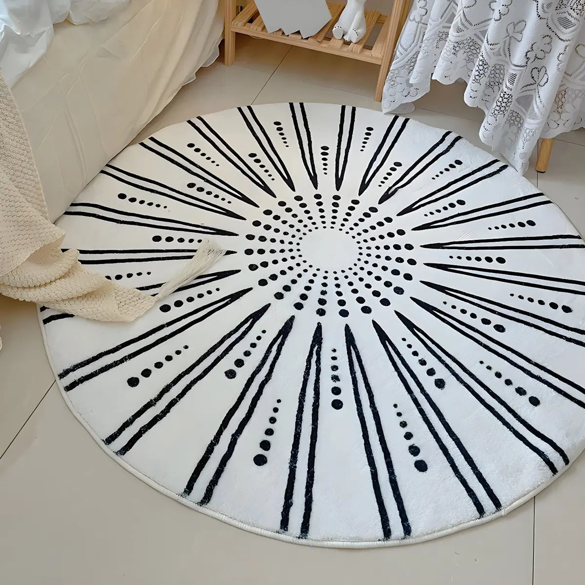 Bedroom Round Abstract Polyester White Area Rug Image - 14