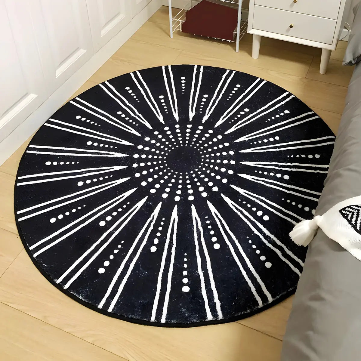 Bedroom Round Abstract Polyester White Area Rug Image - 15