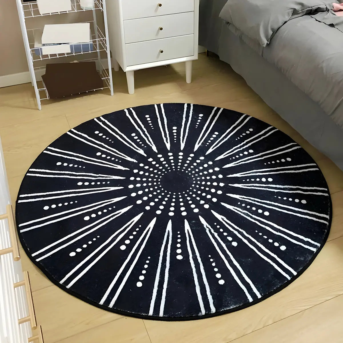 Bedroom Round Abstract Polyester White Area Rug Image - 16