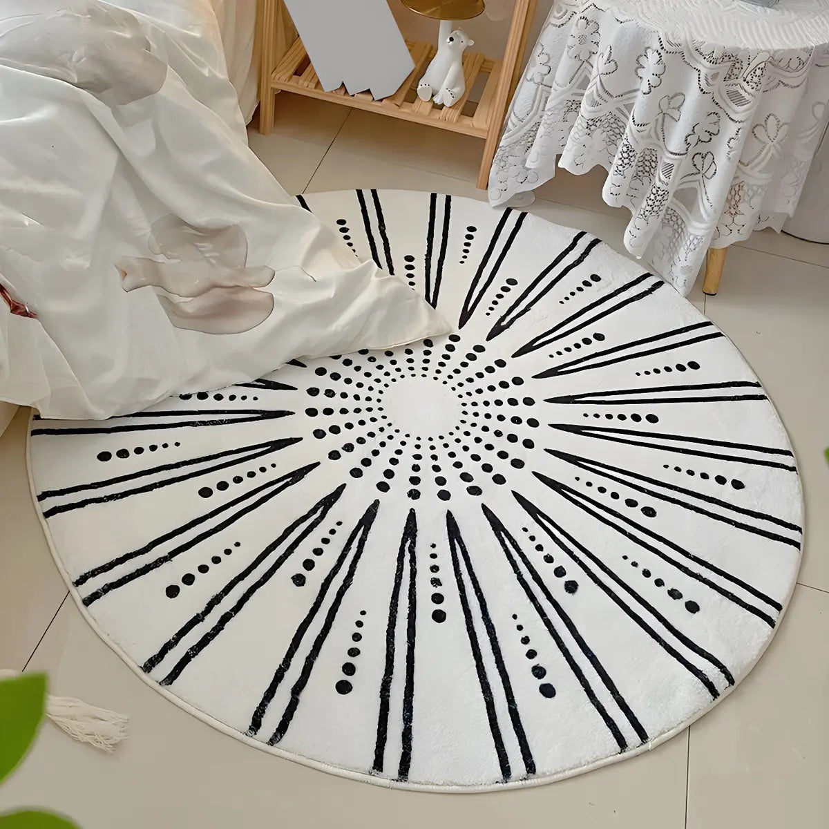 Bedroom Round Abstract Polyester White Area Rug Image - 4