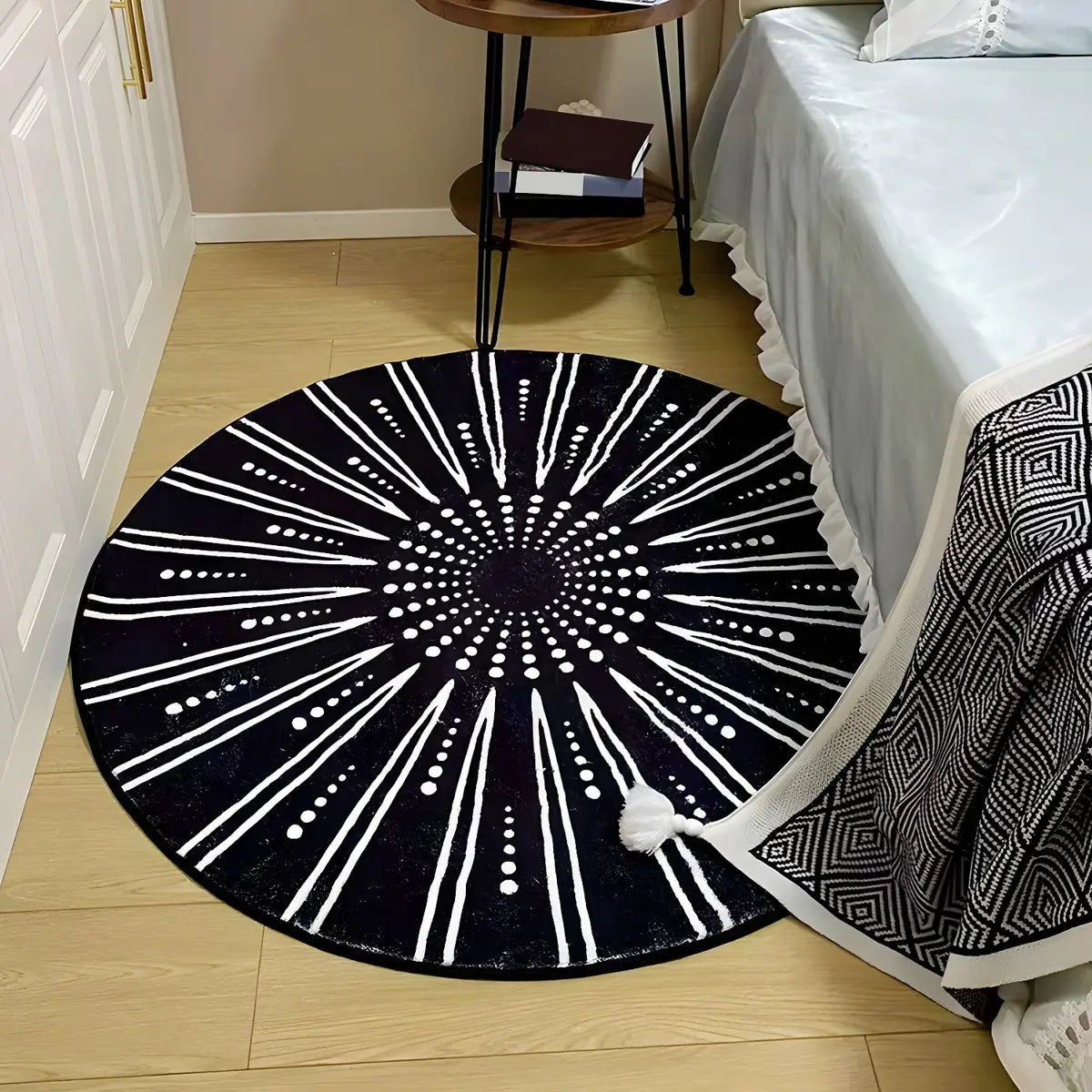 Bedroom Round Abstract Polyester White Area Rug Image - 5
