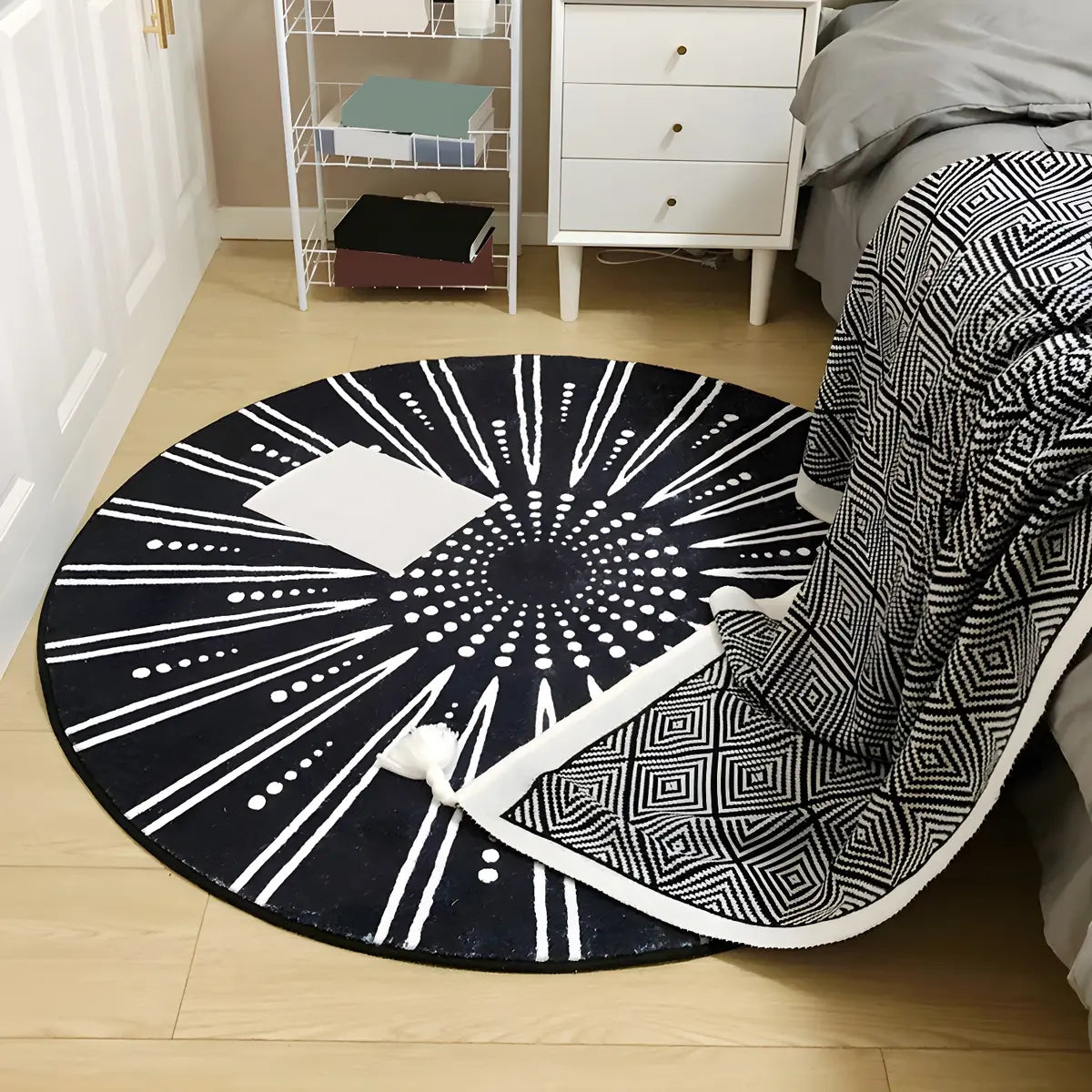 Bedroom Round Abstract Polyester White Area Rug Image - 8