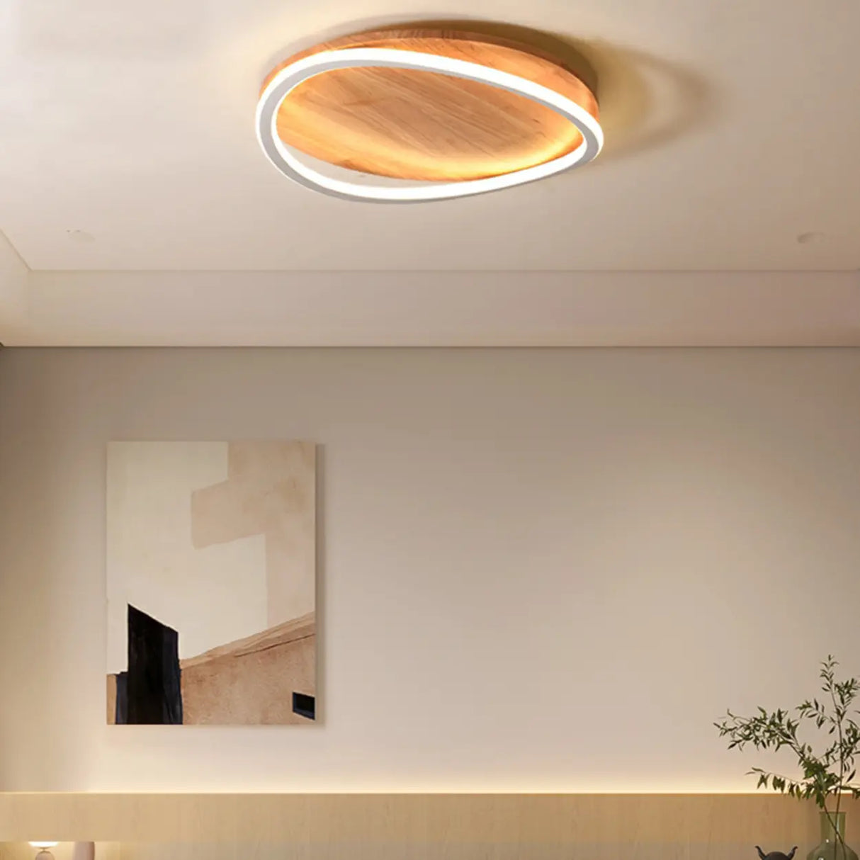 Bedroom Simple Wood Round Flush Mount Ceiling Light Image - 12