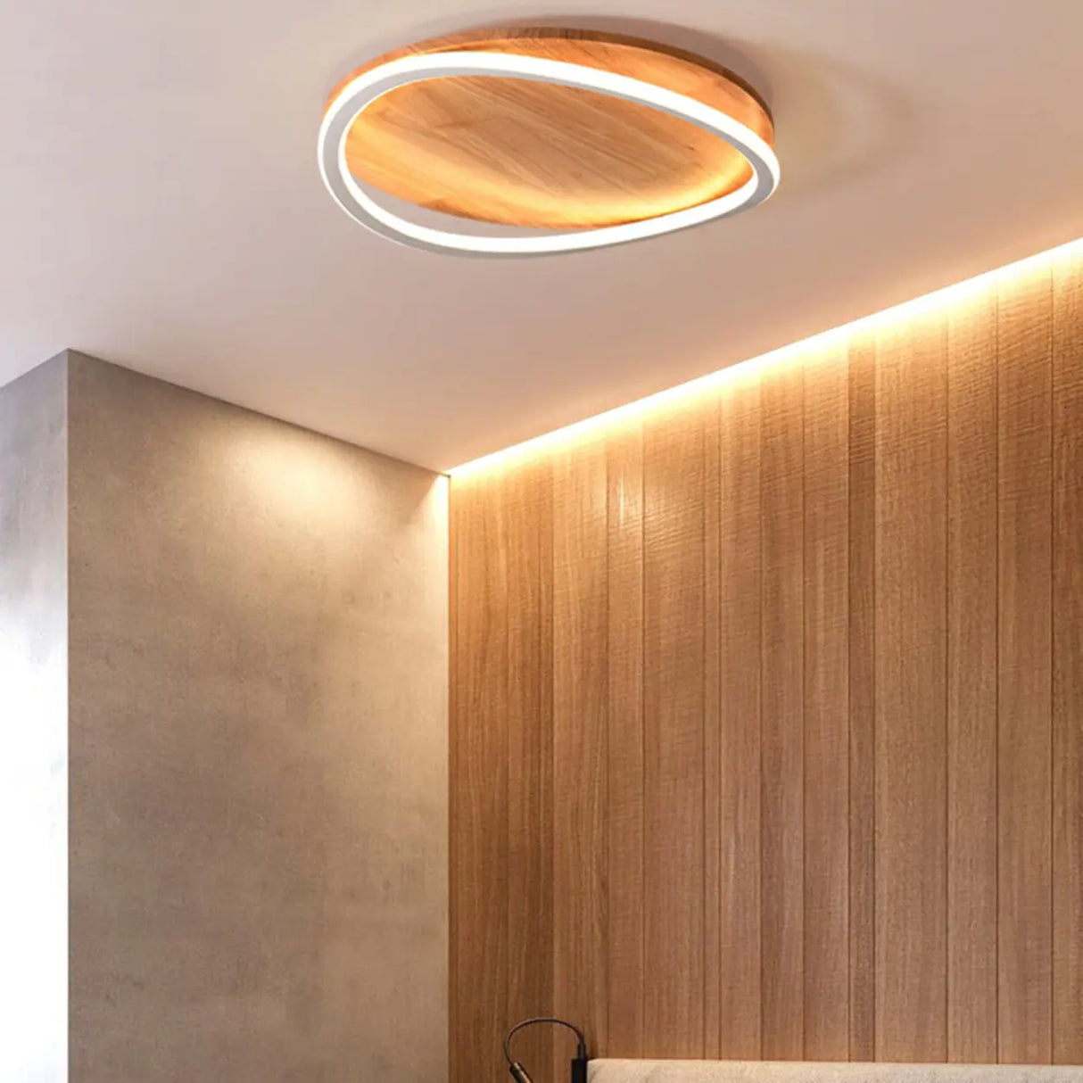 Bedroom Simple Wood Round Flush Mount Ceiling Light Image - 2