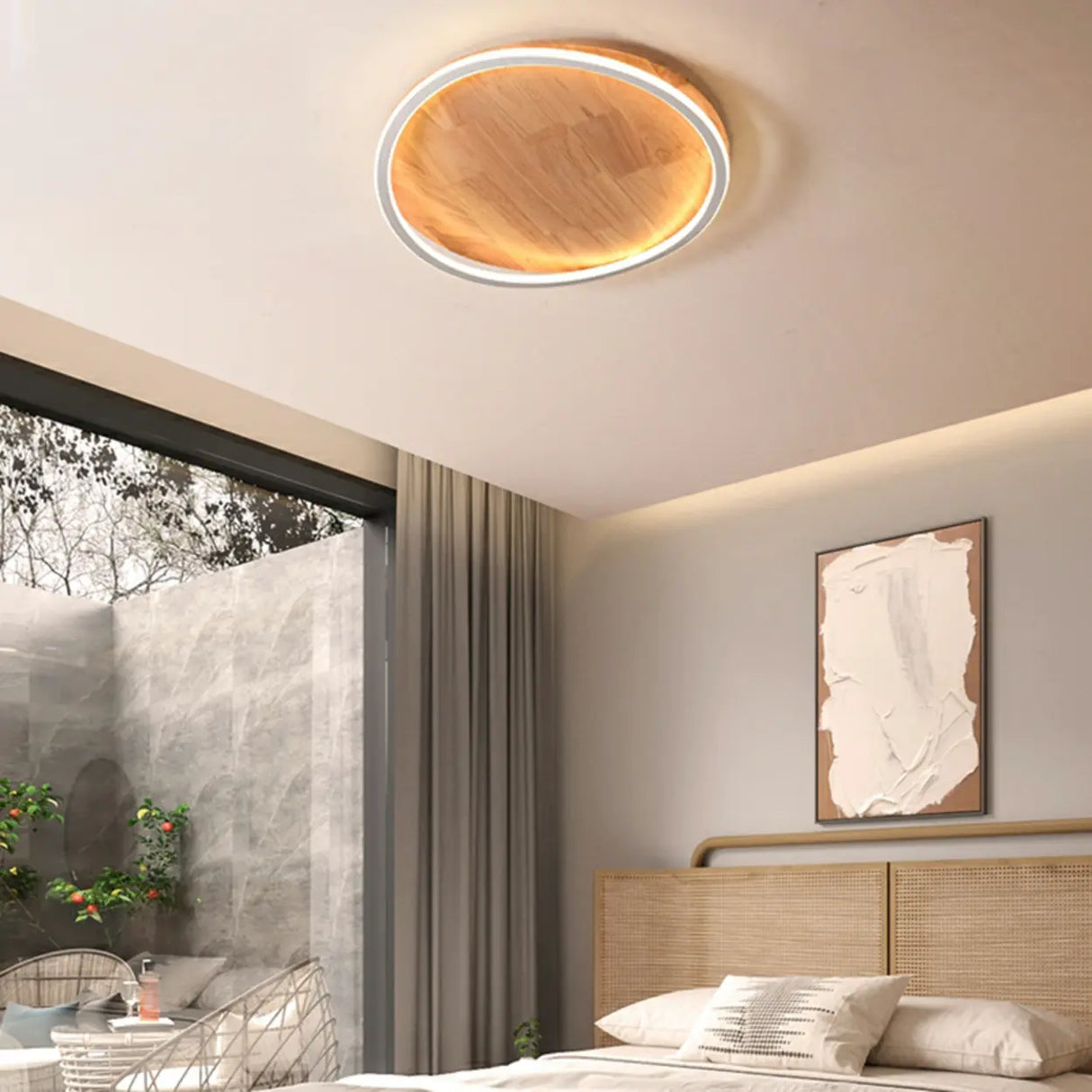 Bedroom Simple Wood Round Flush Mount Ceiling Light Image - 3