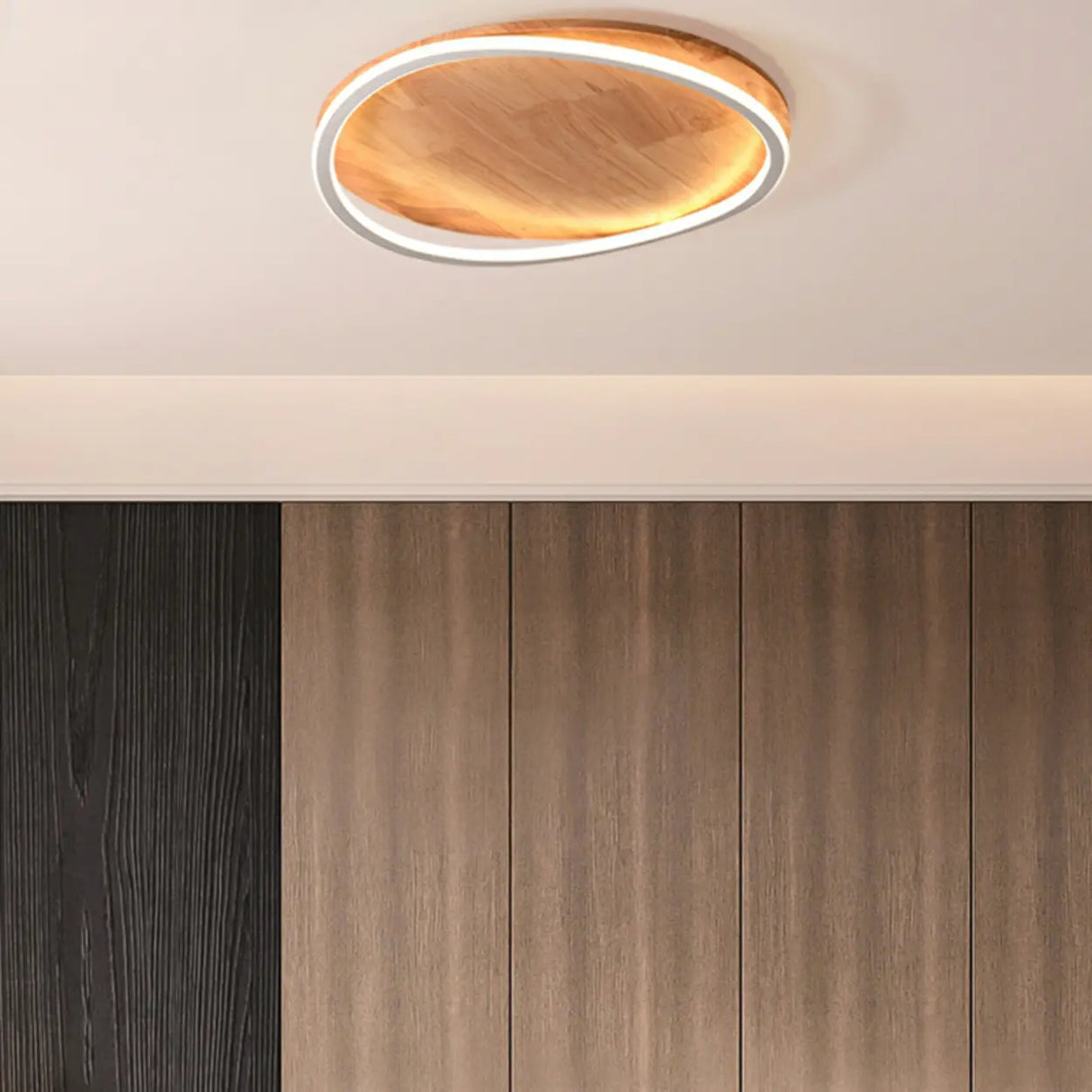 Bedroom Simple Wood Round Flush Mount Ceiling Light Image - 4