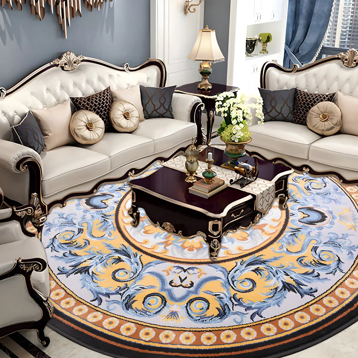 Bedroom Vintage Round Polyester Blue Soft Area Rug Image - 15