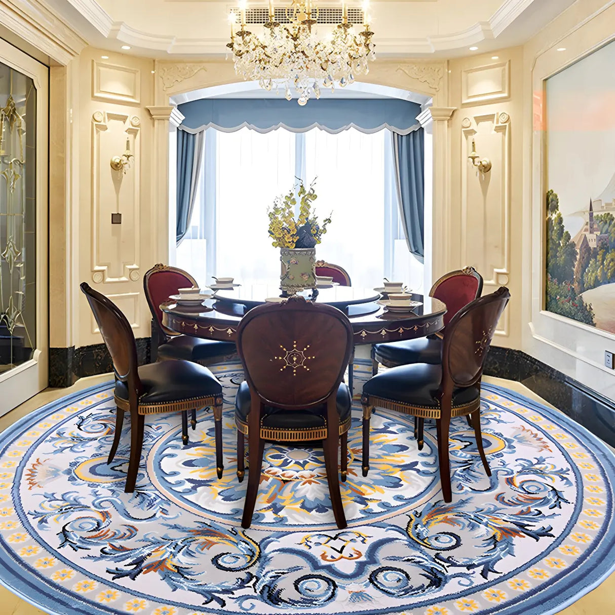 Bedroom Vintage Round Polyester Blue Soft Area Rug Image - 17