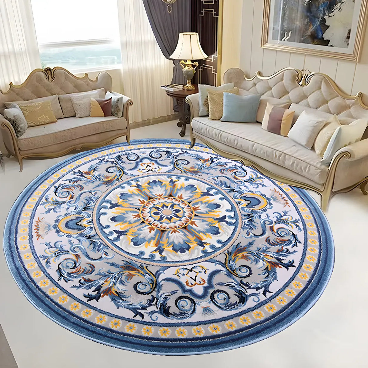 Bedroom Vintage Round Polyester Blue Soft Area Rug Image - 19