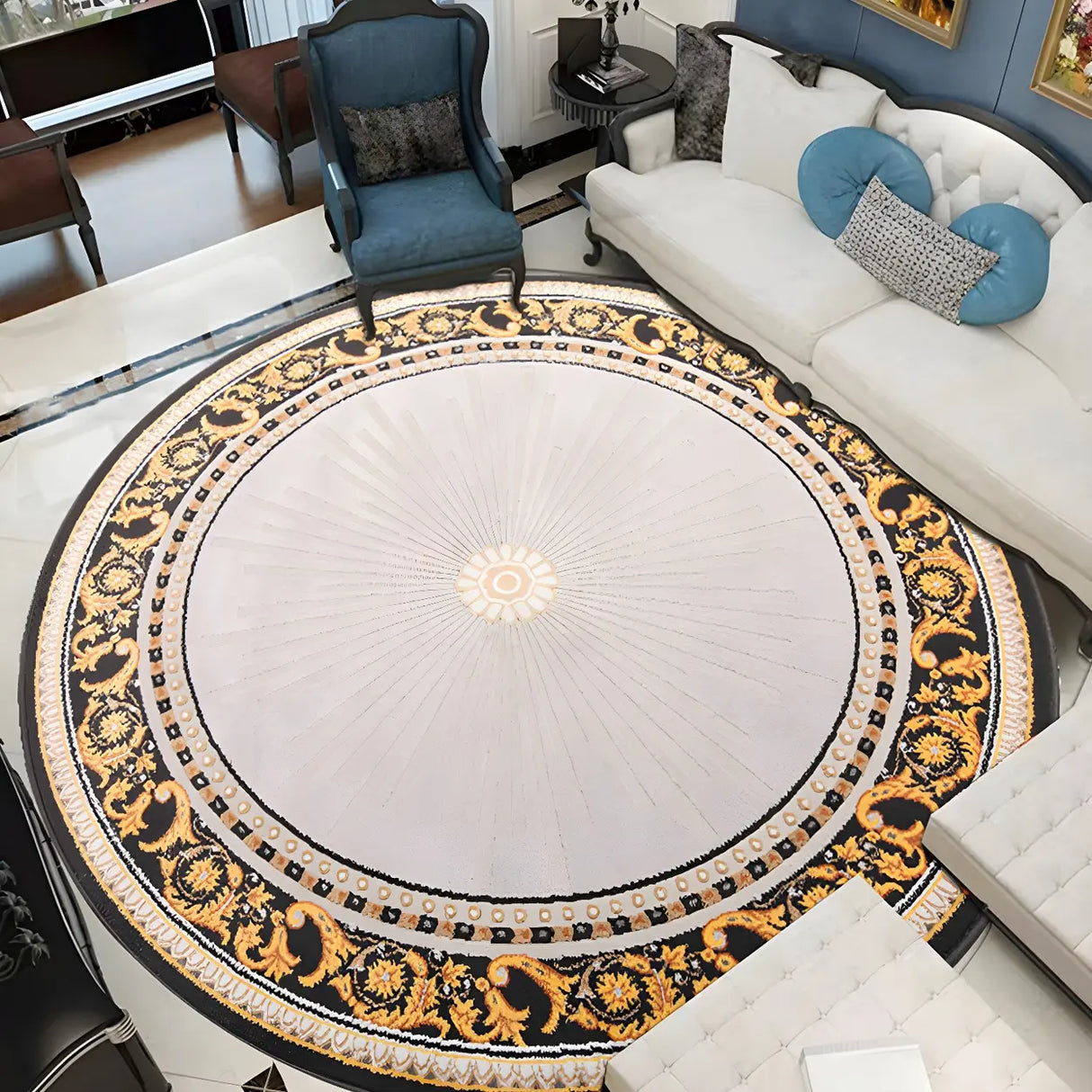 Bedroom Vintage Round Polyester Blue Soft Area Rug Image - 1
