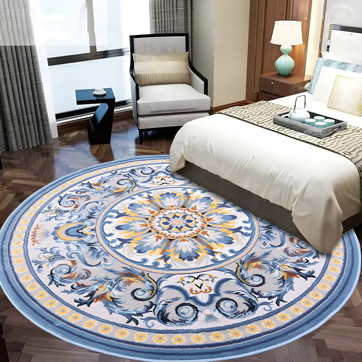 Bedroom Vintage Round Polyester Blue Soft Area Rug Image - 2
