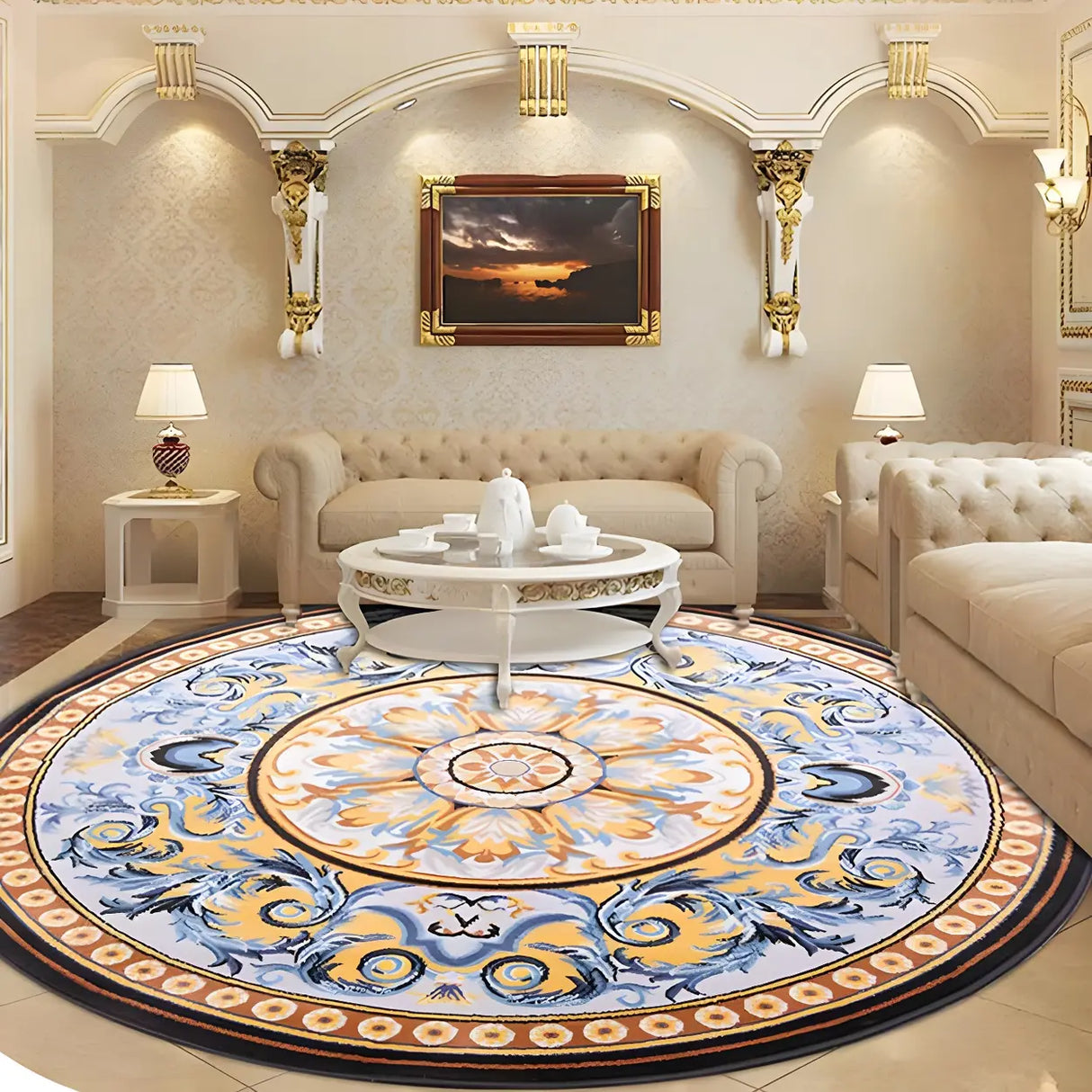 Bedroom Vintage Round Polyester Blue Soft Area Rug Image - 9