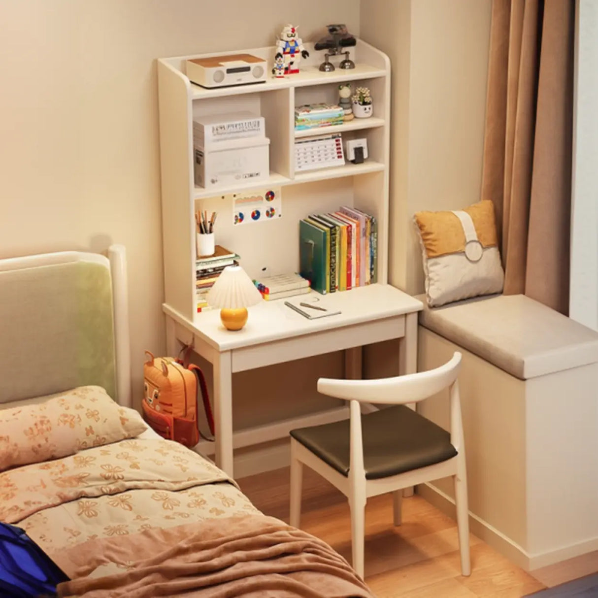 Bedroom White Wood Hutch Shelf Drawers Small Kids Desk Image - 1