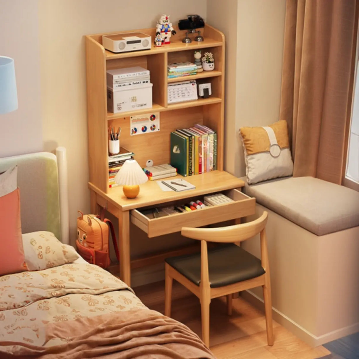 Bedroom White Wood Hutch Shelf Drawers Small Kids Desk Image - 4