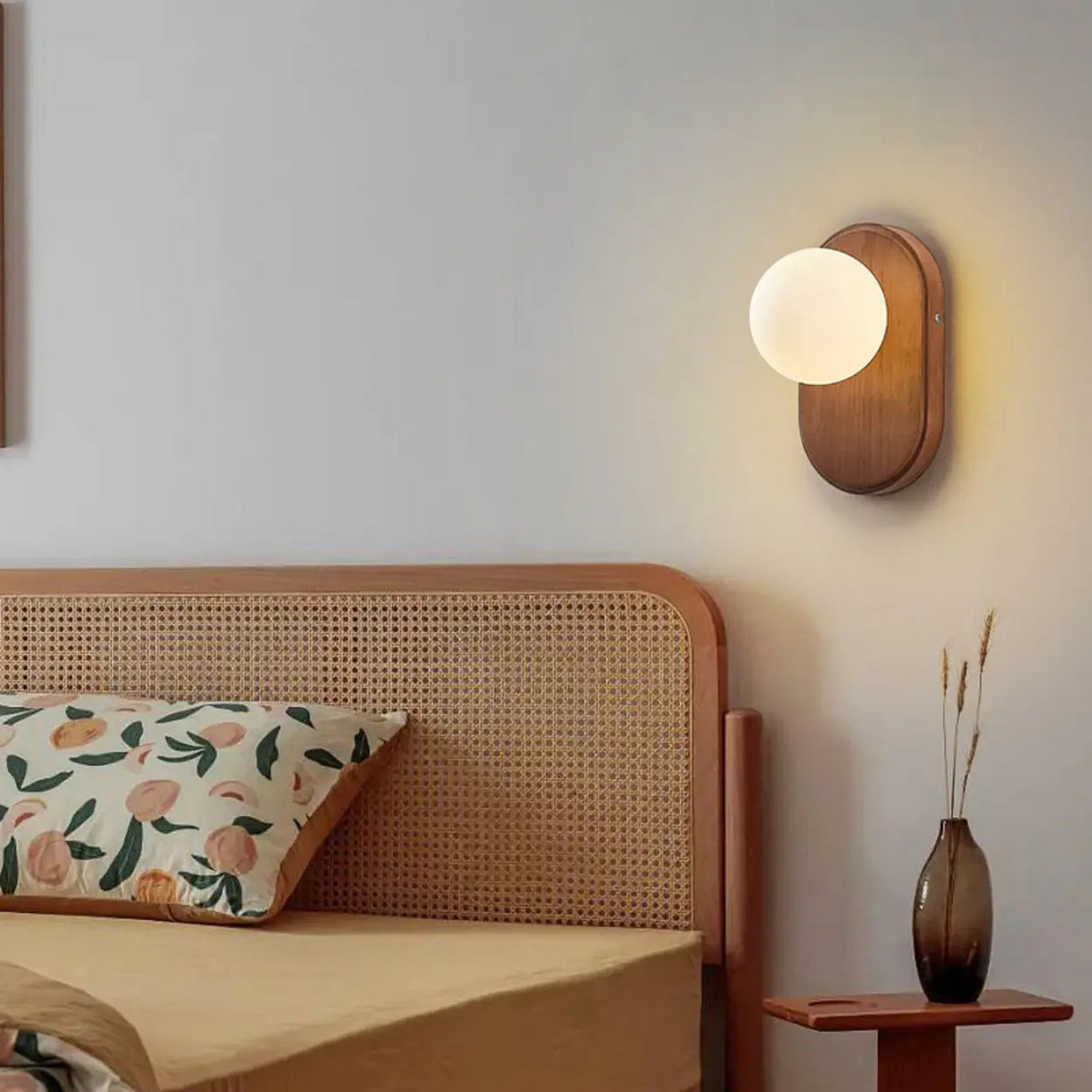Bedroom Wood Base and White Globe LED Wall Sconce Image - 1