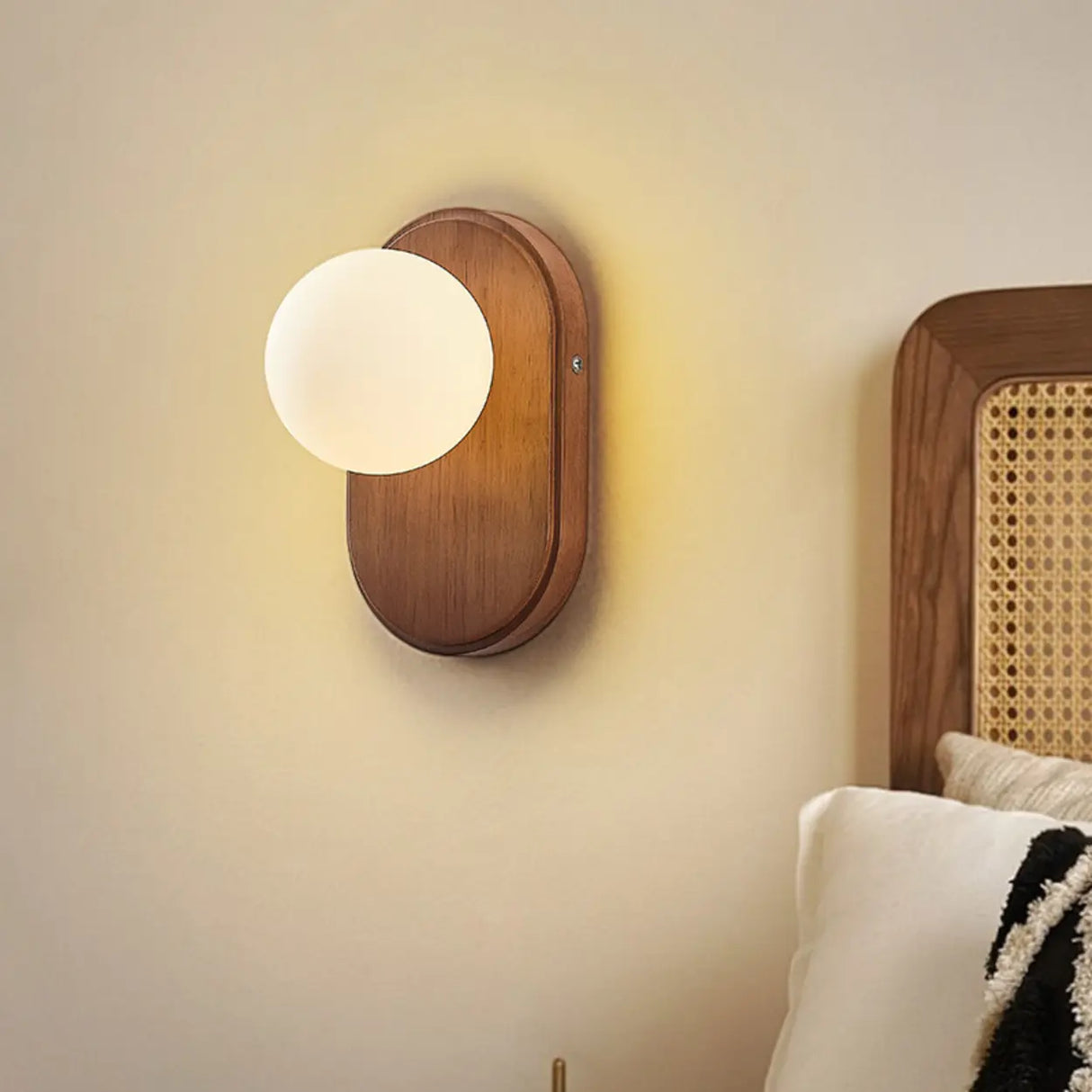 Bedroom Wood Base and White Globe LED Wall Sconce Image - 2