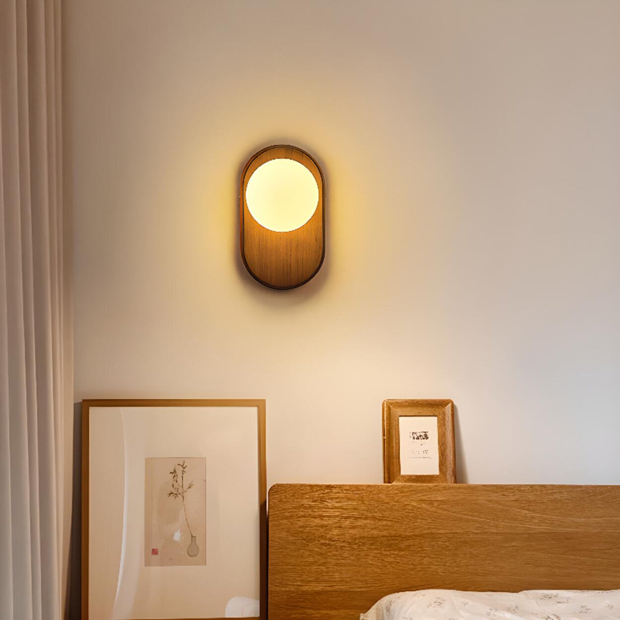 Bedroom Wood Base and White Globe LED Wall Sconce Image - 3