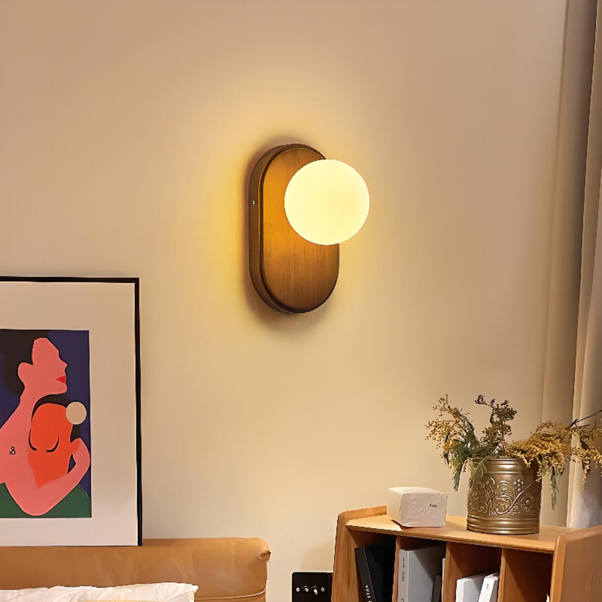 Bedroom Wood Base and White Globe LED Wall Sconce Image - 4