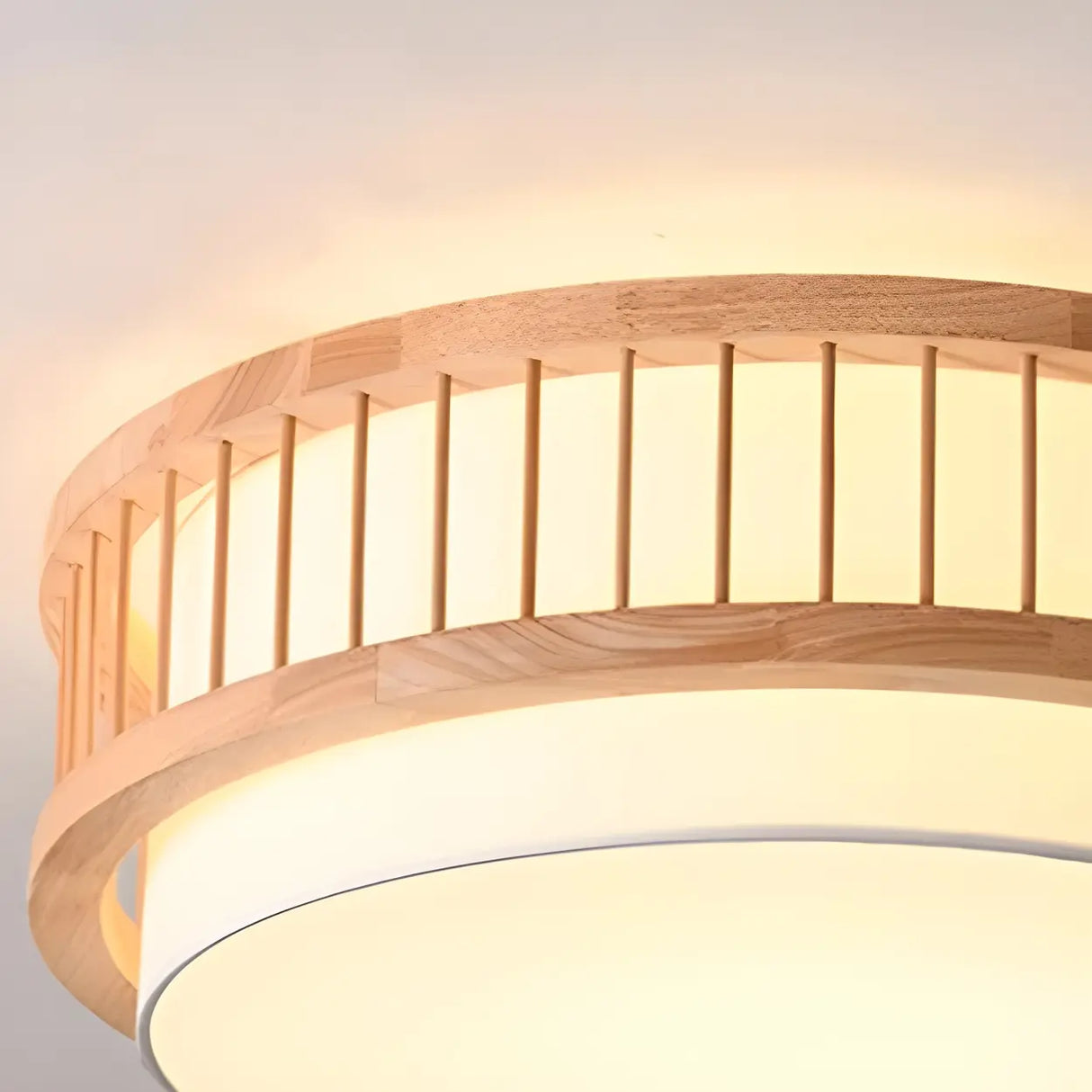 Bedroom Wooden Cylindrical Flush Mount Ceiling Light Image - 10