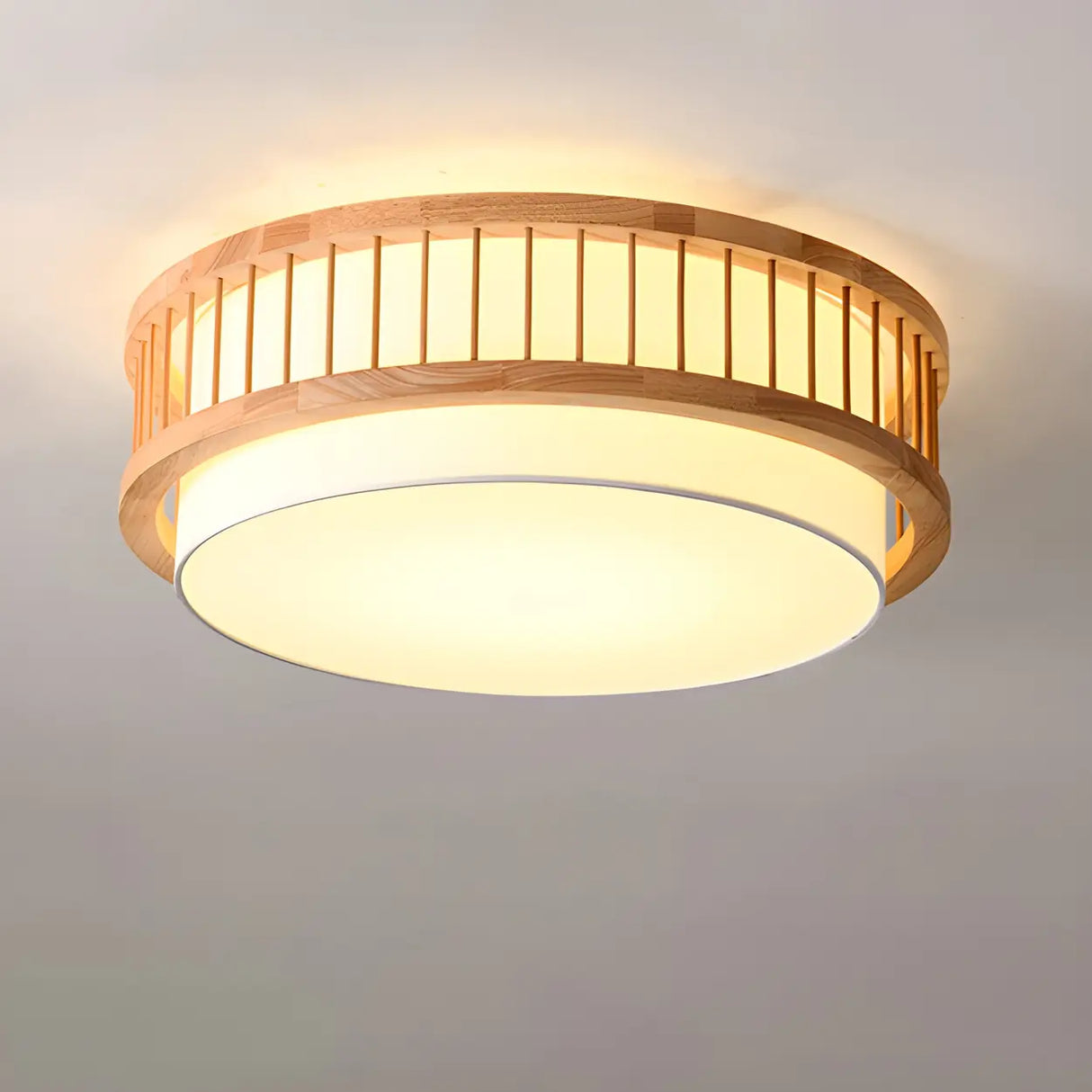 Bedroom Wooden Cylindrical Flush Mount Ceiling Light Image - 7