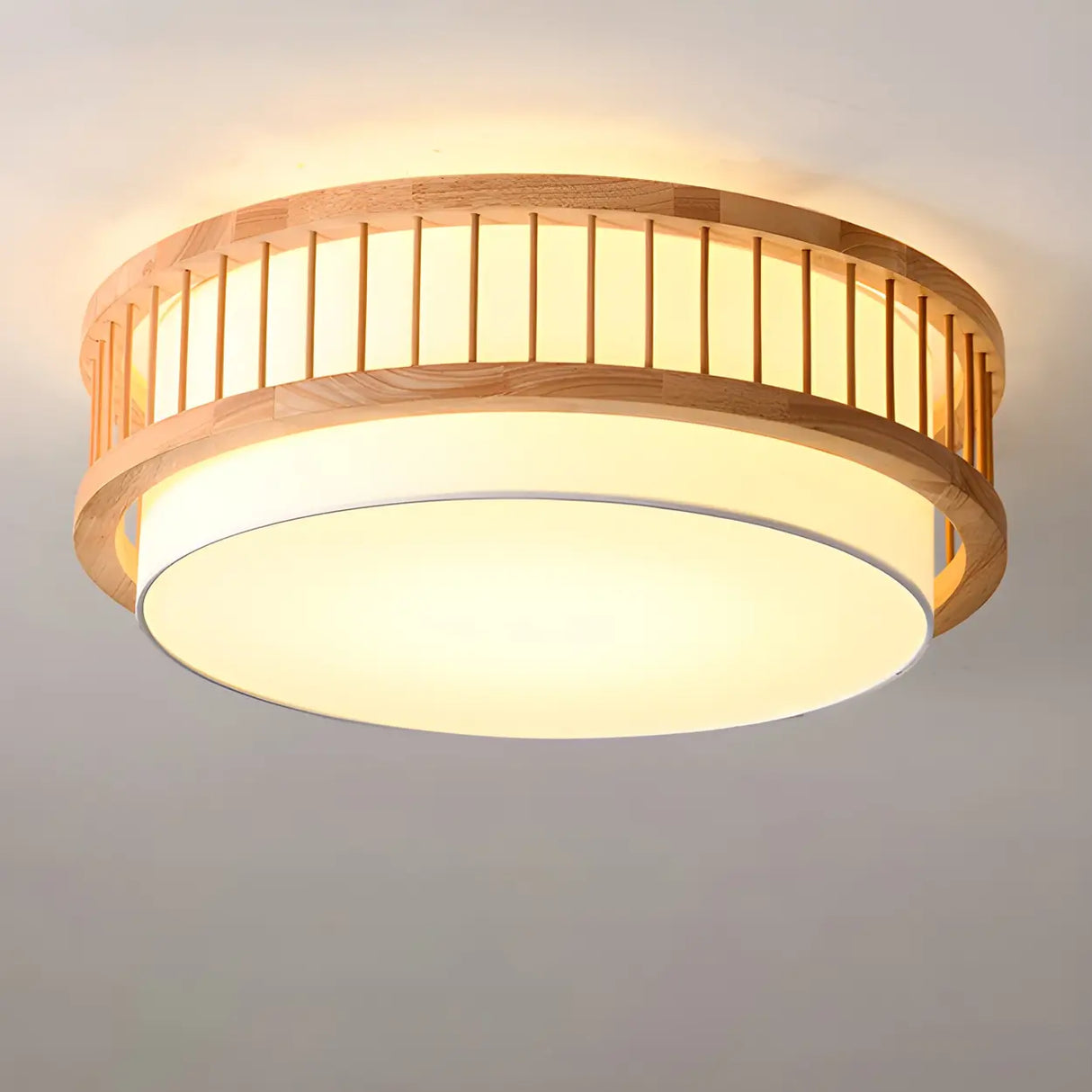 Bedroom Wooden Cylindrical Flush Mount Ceiling Light Image - 8