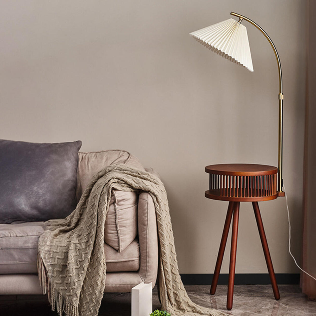 Bedside Cone Wooden Tripod Floor Lamp with Storage Image - 11