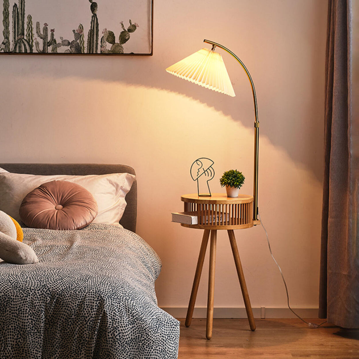 Bedside Cone Wooden Tripod Floor Lamp with Storage Image - 3