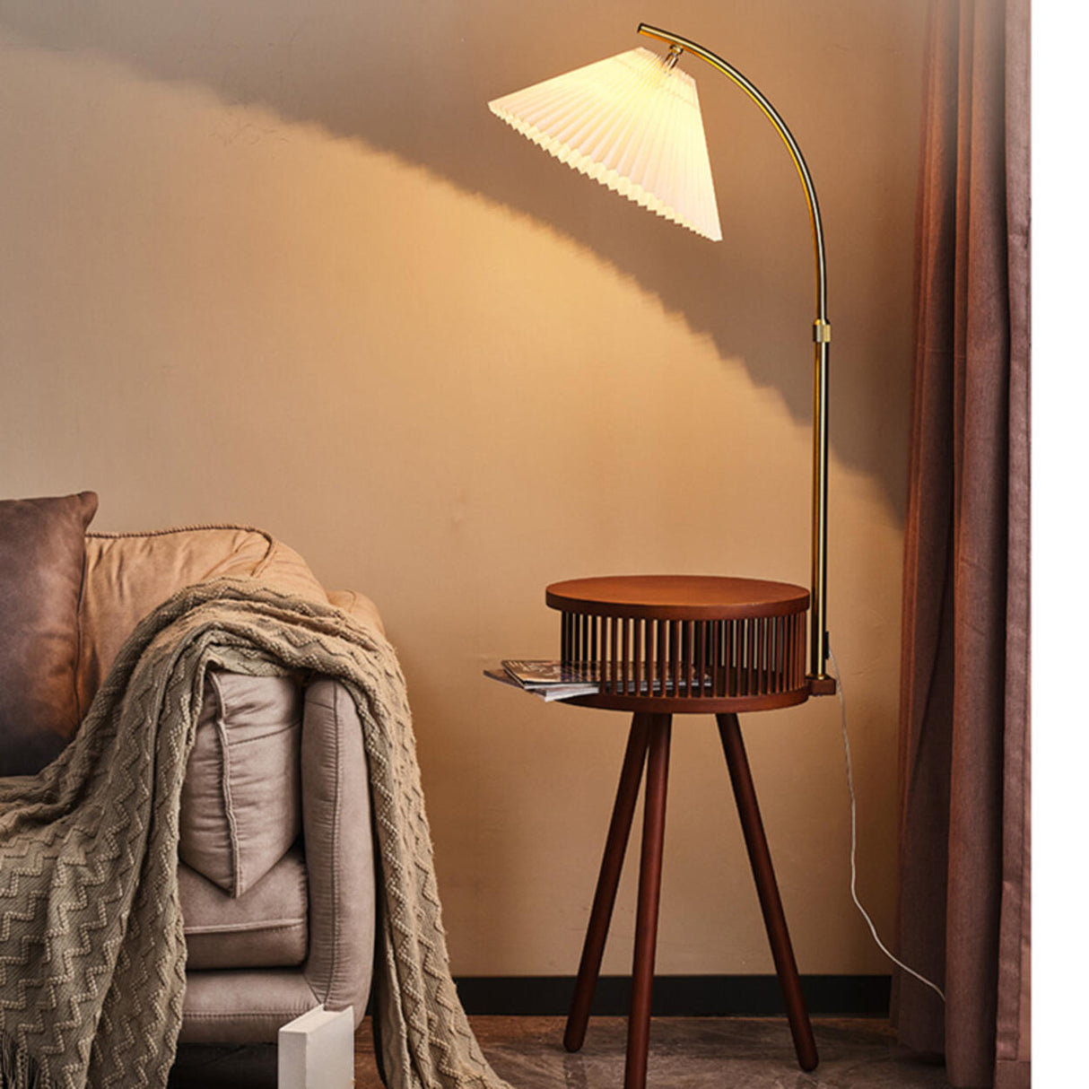 Bedside Cone Wooden Tripod Floor Lamp with Storage Image - 4